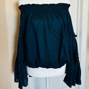 Free people- teal/blue off the shoulder/strapless crop ruffle sleeves